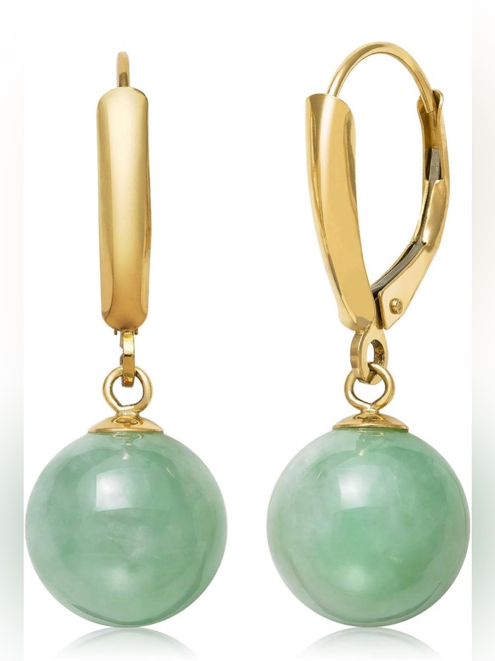 14K Solid Yellow Gold Jade Drop Earrings 10mm Dangle Drop Hinged Earrings 1 Inch